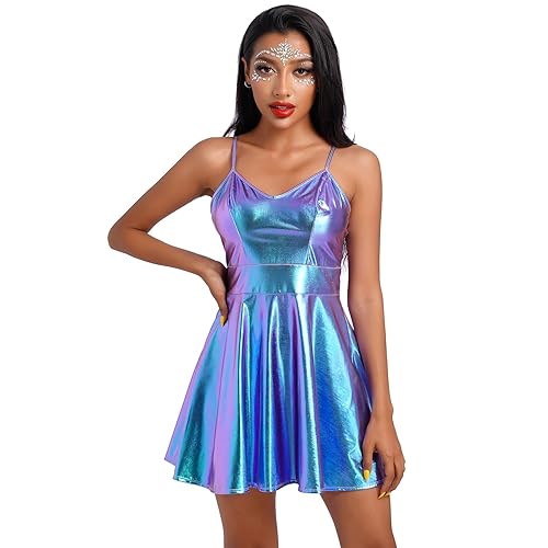 ABAFIP Women Shiny Holographic Sleeveless Dress - Blue