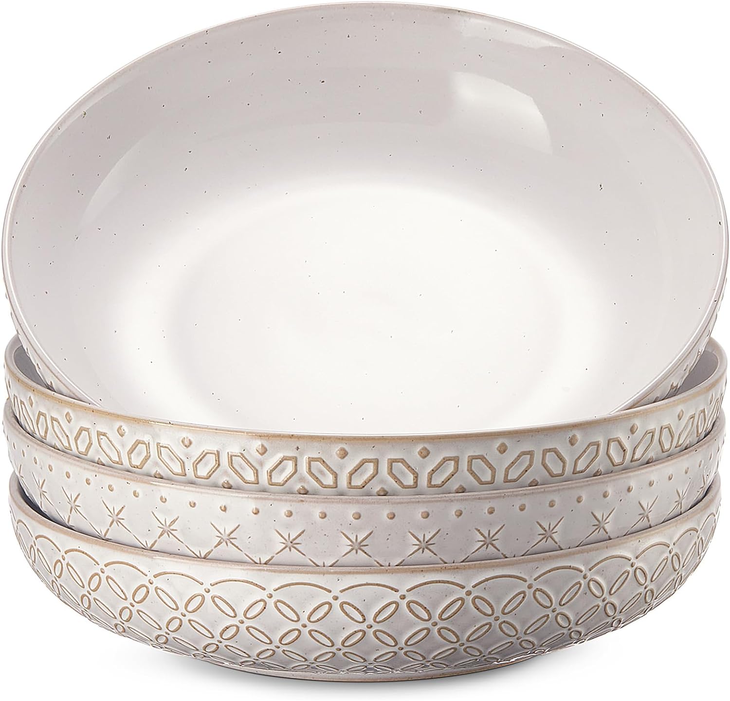 DOWAN 8.5" Pasta Bowls Set of 4 with Embossed Reactive Glaze, 35oz Shallow White Ceramic Dinner Bowls, Wide Bowl Plates for Pasta, Salad, Soup & Stew, Microwave & Dishwasher Safe, Housewarming Gift