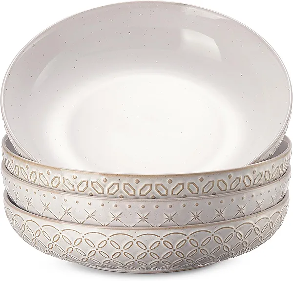 DOWAN 8.5" Pasta Bowls Set of 4 with Embossed Reactive Glaze, 35oz Shallow White Ceramic Dinner Bowls, Wide Bowl Plates for Pasta, Salad, Soup & Stew, Microwave & Dishwasher Safe, Housewarming Gift