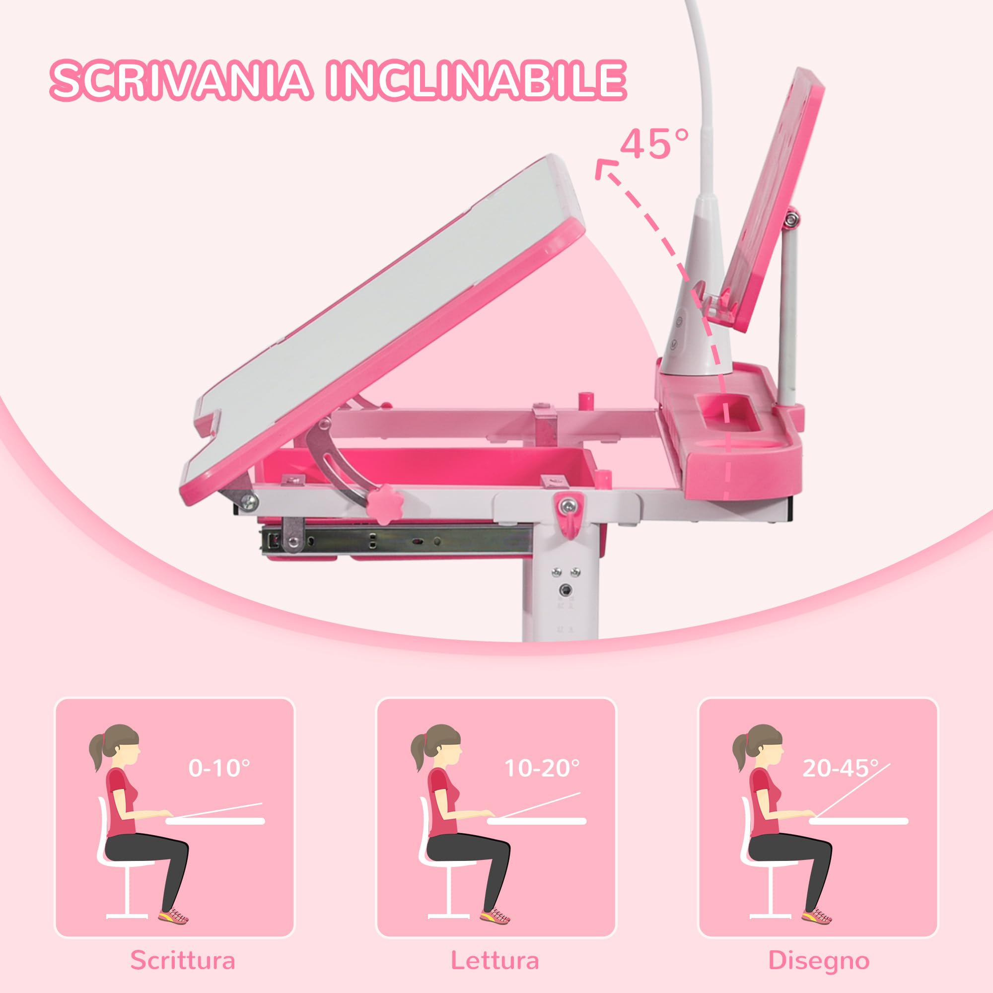 HOMCOM Scrivania per Bambini con Sedia Regolabile in Altezza, Set Banco Scuola con Cassetto, Luce e Piano Inclinabile a 45°, Età 6-12 Anni, Rosa