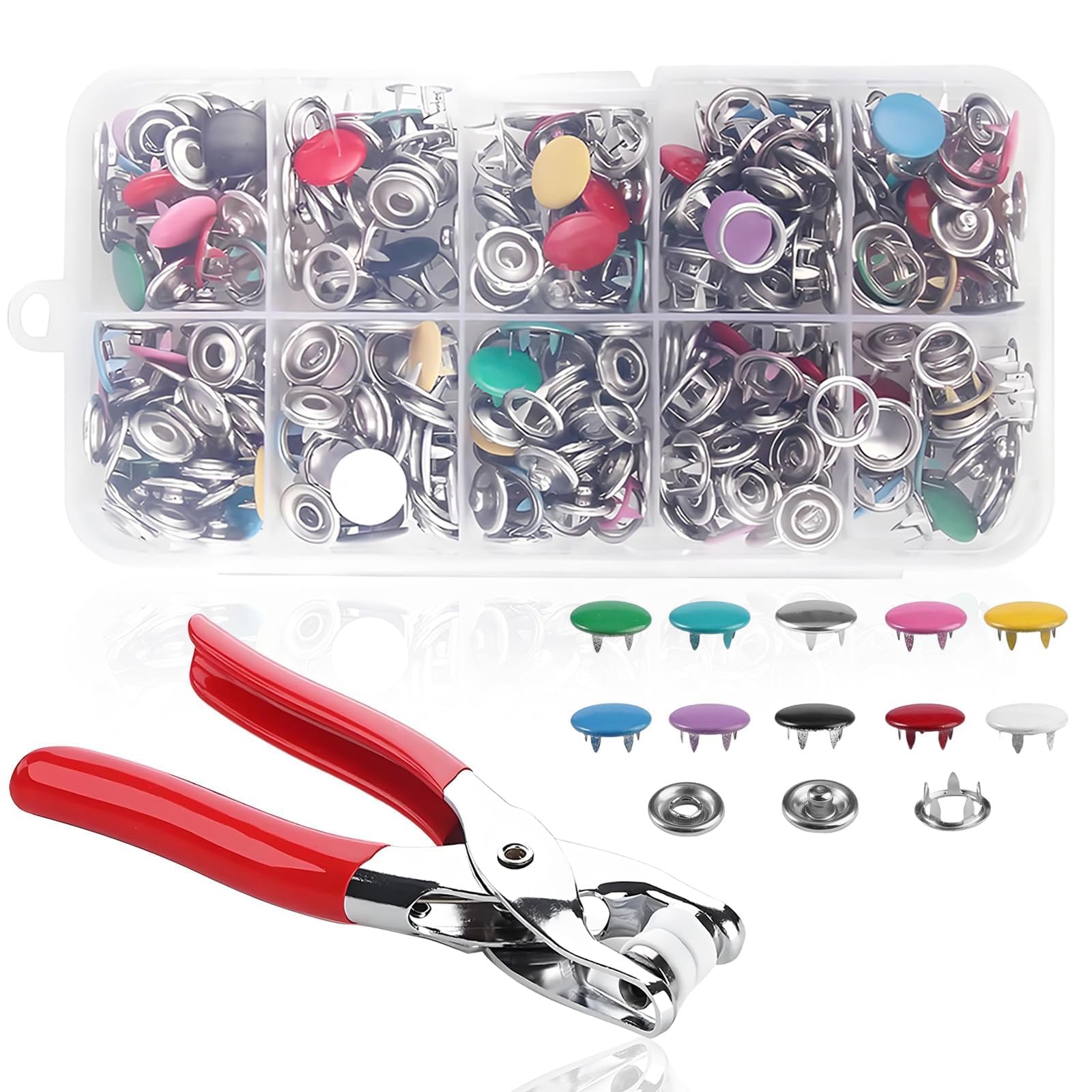 102 Pcs Snap Button Fastener Kit with Pressure Pliers and Box, Press Studs Snap Fasteners for Clothing Snap Fastener Kit, Poppers Fasteners for Clothings Bags DIY Crafts