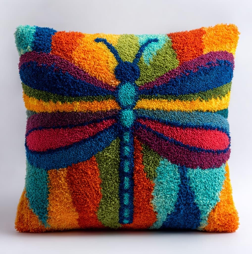 AxiangziK Latch Hook Kits for Adults,Colorful Dragonfly Latch Hook Pillow Kits 17X17 Inches DIY Needlework Crafts Everything Included Gift for Family Friends