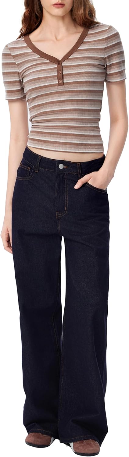 CIDER Womens Striped V Neck T Shirt Casual Short Sleeve Knit Top Tee - Image 2