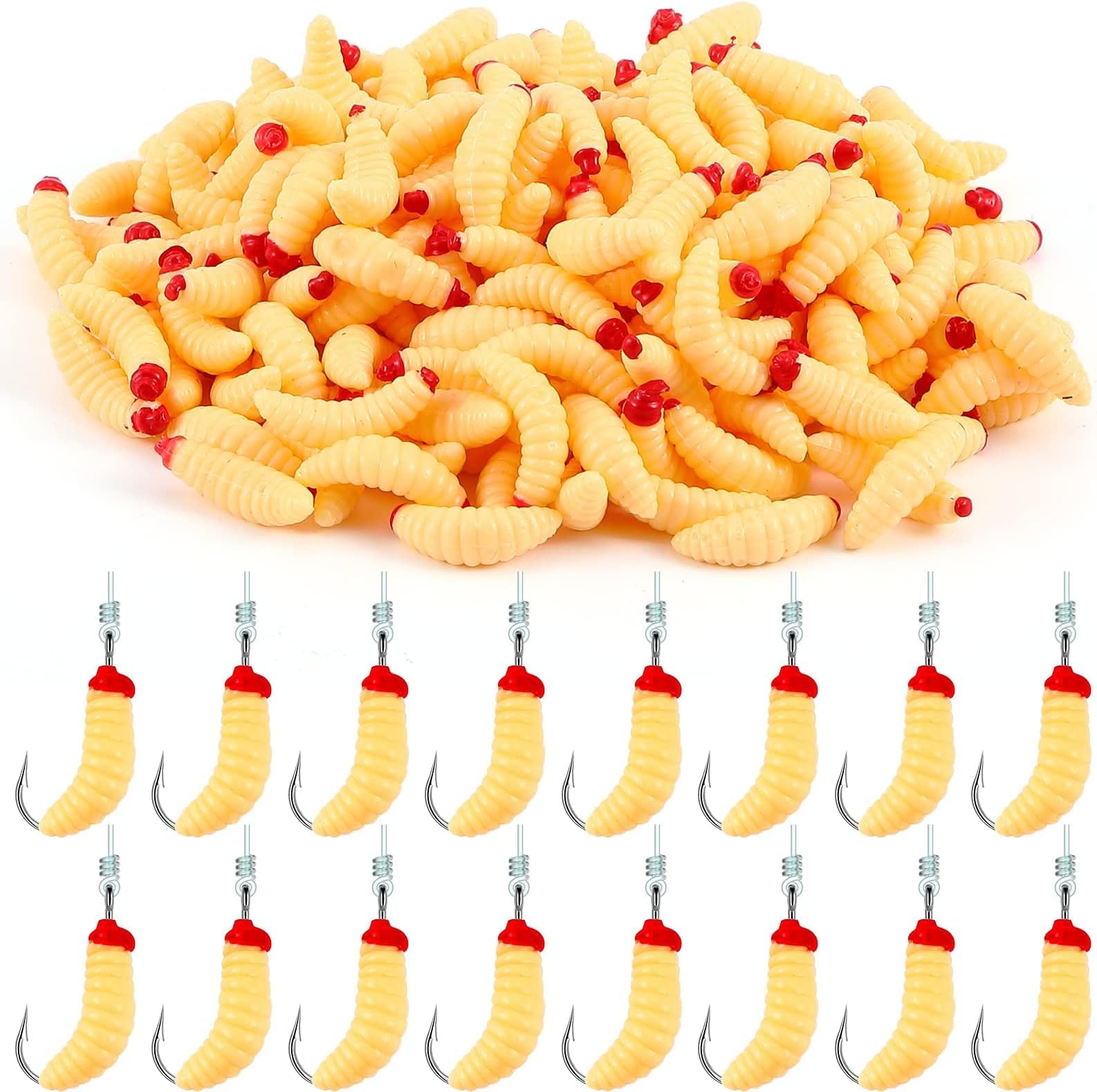 NALACALFake Fishing ait, 200 Pcs Soft Maggot Baits Fake Worms for Fishing Bass Fishing Lures for Freshwater Artificial Wax Worms Gross Plastic Worms, for Freshwater Saltwater Lake Trout Ice Fishing