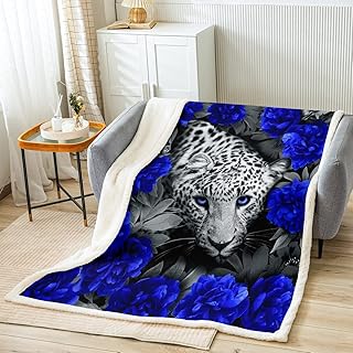 Erosebridal 3D Leopard Throw Blanket Blue Rose Cheetah Print Blanket for Kids Child,African Safari Animals Fleece Blanket Novelty Big Cat Wildlife Wild Animal Sofa Decor Bedroom Decor 90