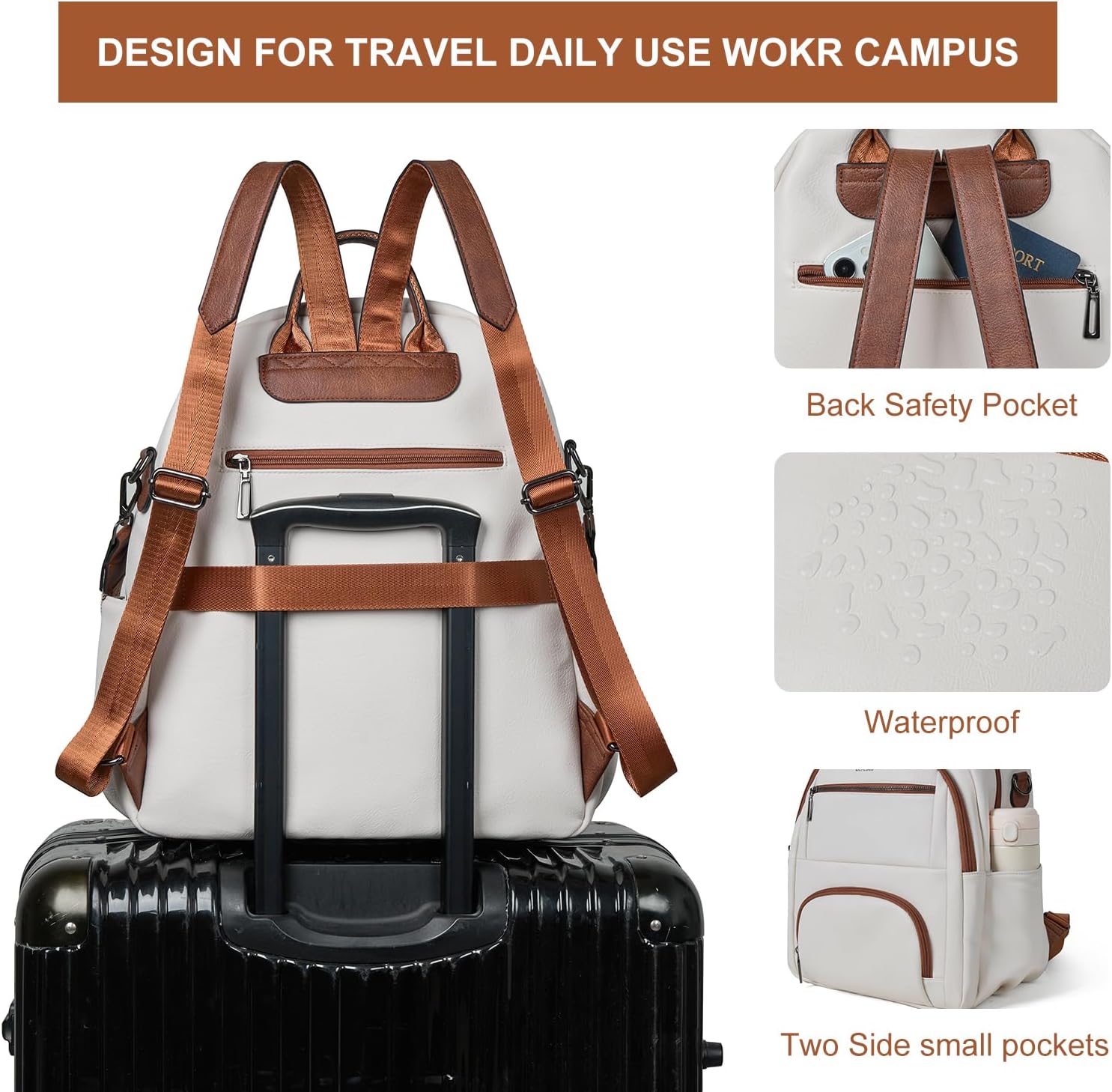 35L Backpack Purse for Women Men Large Travel Backpack for Work College Laptop Back Pack Vegan Leather Fashion Beige - Image 7