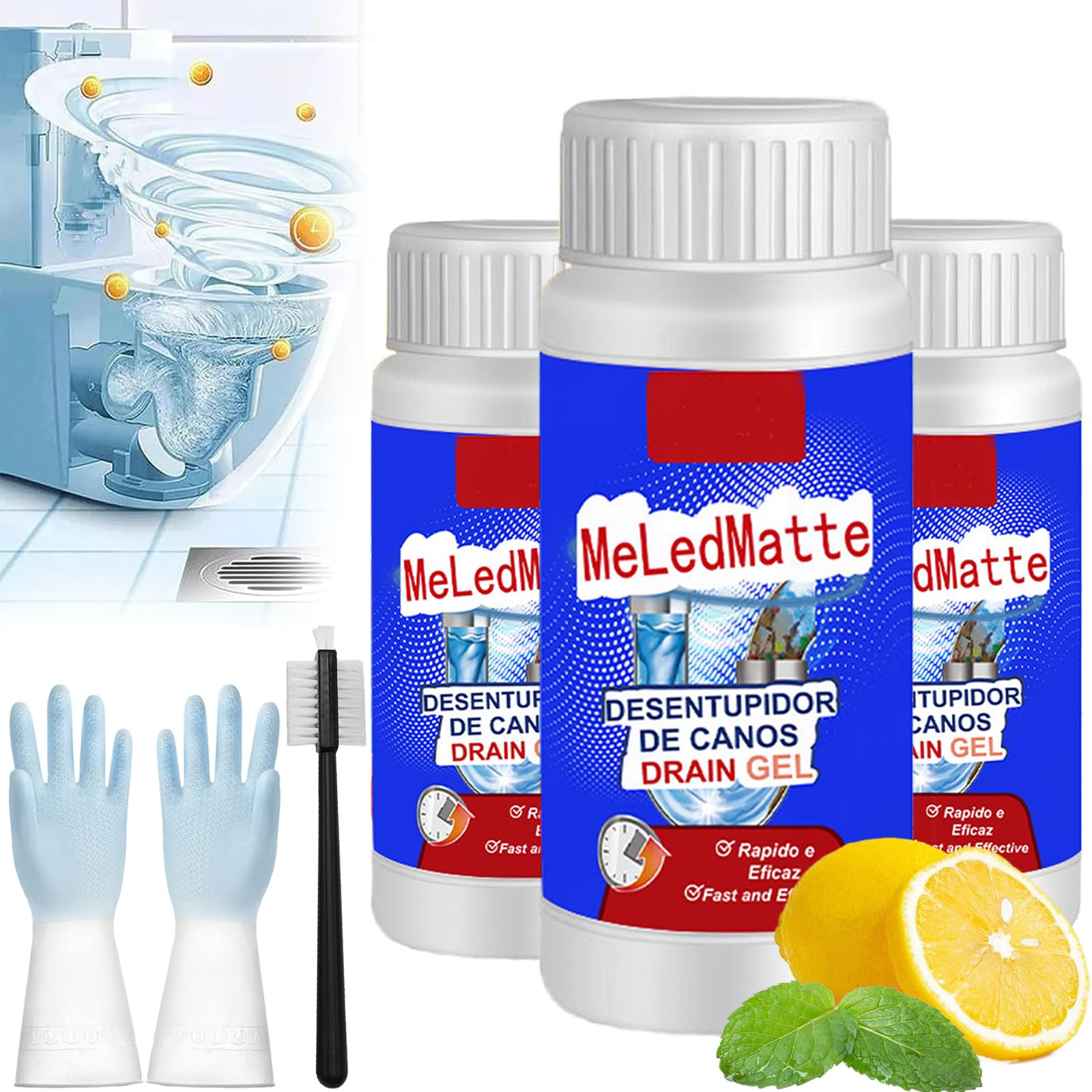 Meledmatte - Limpiador de desagües de inodoro, potente agente de dragado de tuberías Meledmate, agente de dragado de tuberías Meledmatte para cocina, herramienta de limpieza rápida (3 piezas)