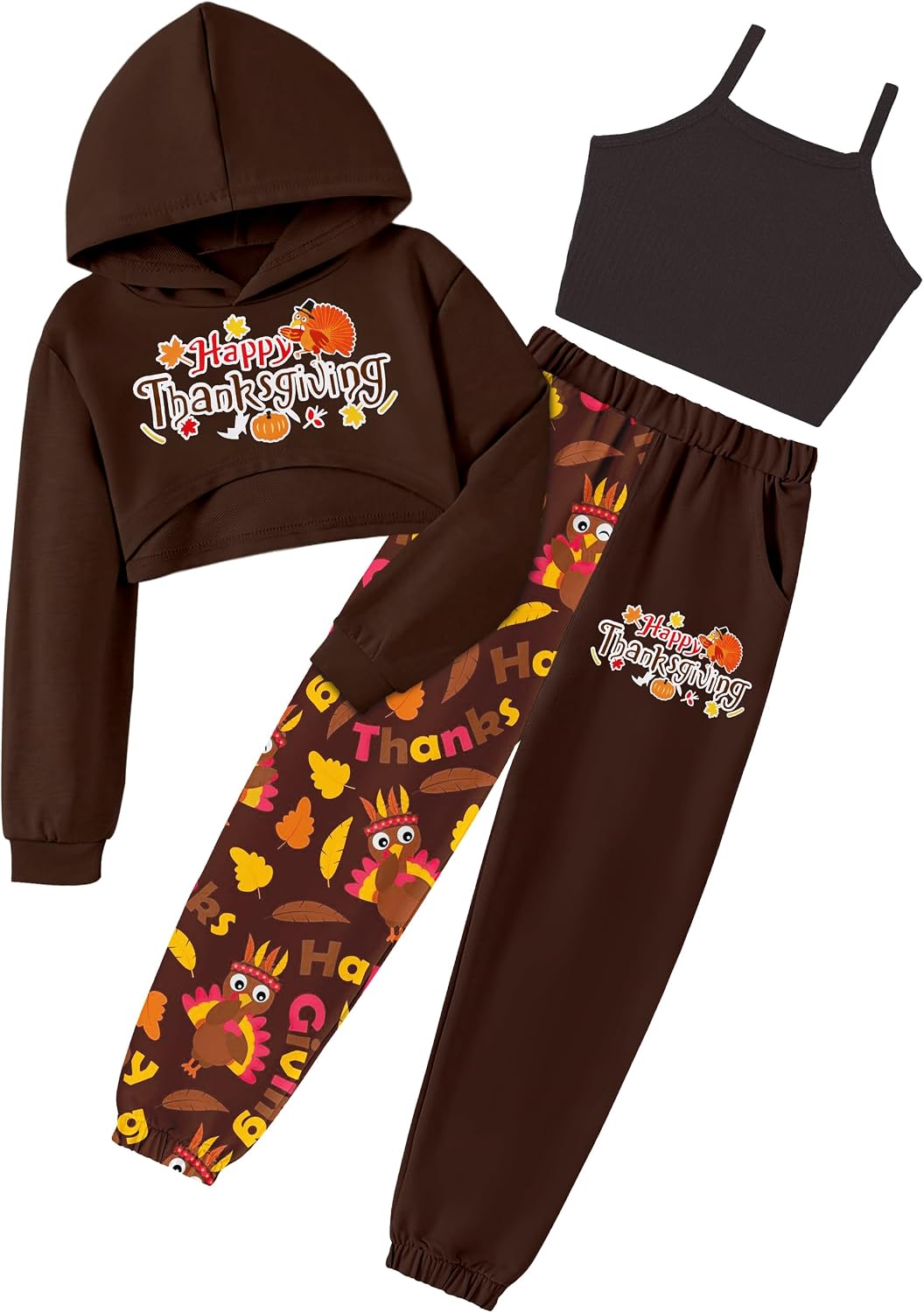 Girls Outfits 3 Piece Fashion Irregular Letter Crop Tops Hoodie with Knitted Vest Color Block Camo Sweatpant Set