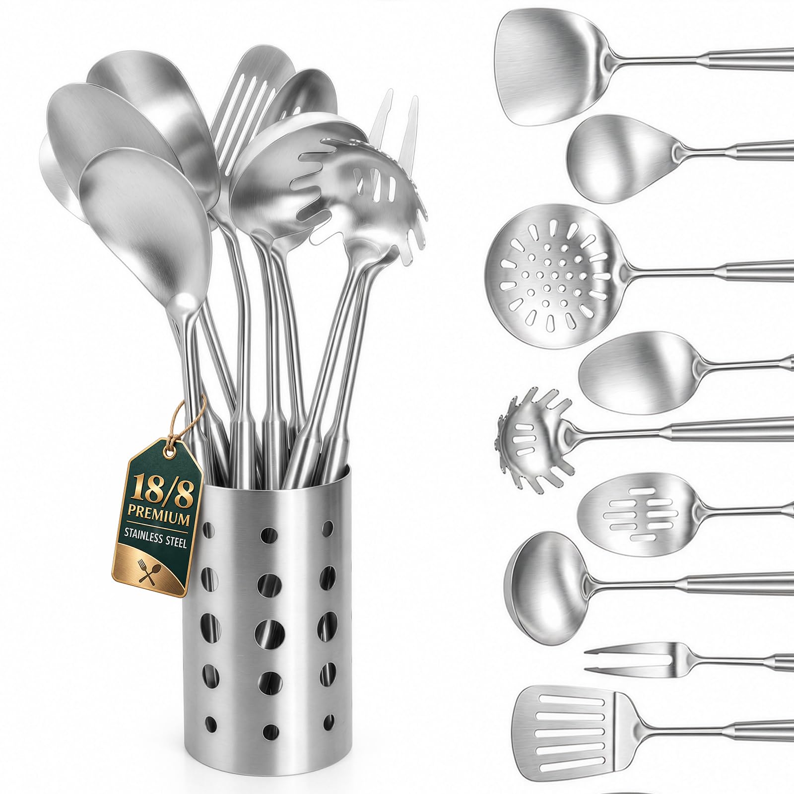 Newness 9 Pcs 18/8 304 Stainless Steel Cooking Utensils Set with Holder, Kitchen Utensils Set, Metal Kitchen Accessories, Soup Ladle, Slotted Skimmer Spoon, Spaghetti Spoon and Spatula,Dishwasher Safe
