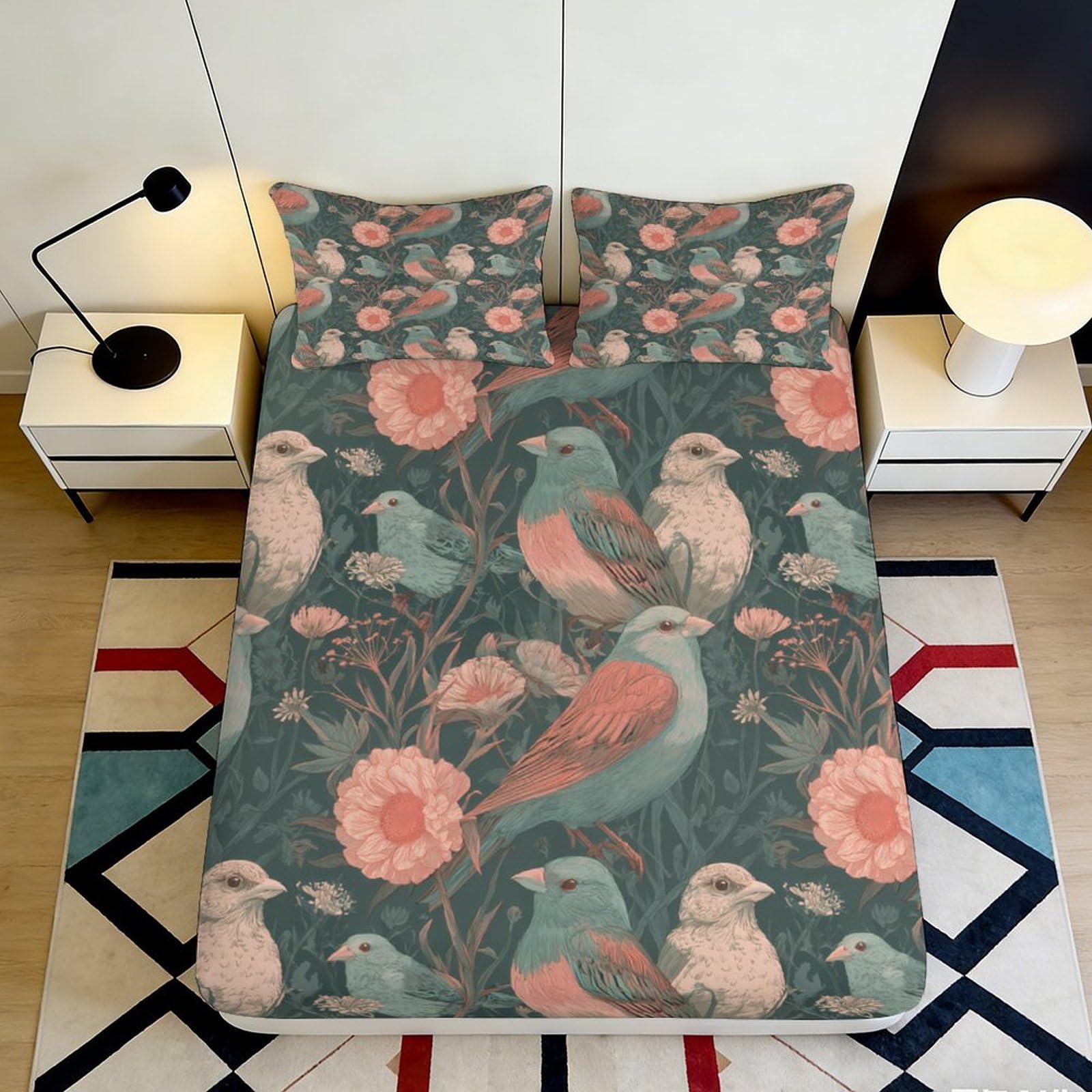 Uynsixtme Style-4 3D Printed Floral Birds Fitted Sheet Microfiber Deep Pocket Non-Slip Bedroom Bedding Floral Mattress Fitted Cover Washable 90X200x25cm