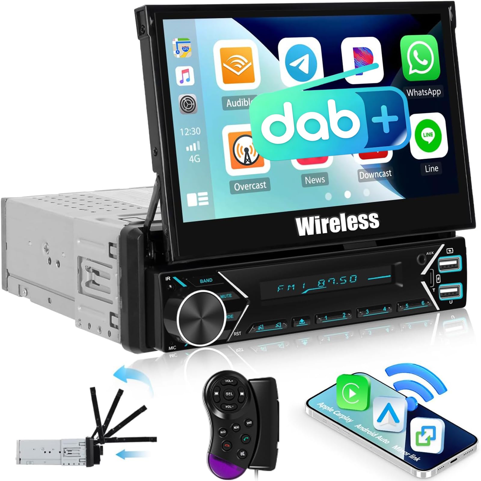 SIXWIN 1 Din DAB+ Autoradio mit Wireless Carplay Android Auto Mirror Link, 1024x600,7 Zoll Elektrische Ausfahrbares IPS Bildschirm mit Bluetooth/FM/EQ/USB/AUX/USB-C/Lenkradsteuerung