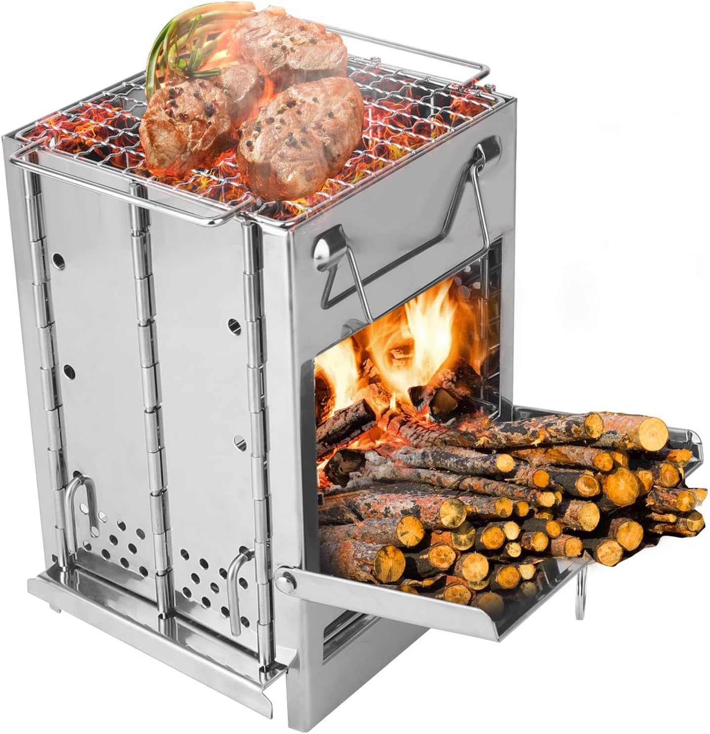 Foldable Camping Stove, Portable Camping Wood Burning Stove with Grill, Stainless Steel Camp Stove Collapsible Backpacking Survival Stove, for Outdoor Cooking Picnic Hiking BBQ (5.9×5.9×8.3in)