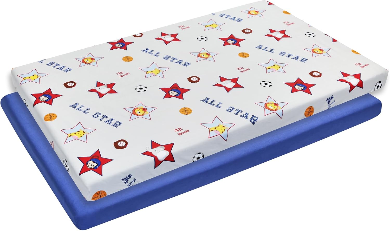 2 Pack n Play Mattress Sheets – 100% Percale Weave Cotton Soft Portable Crib Mattress Sheets for Boys with Jungle Sports and Solid Blue Design; 2 Pc Playpen Mattress or Mini Crib Sheet Fitted Set