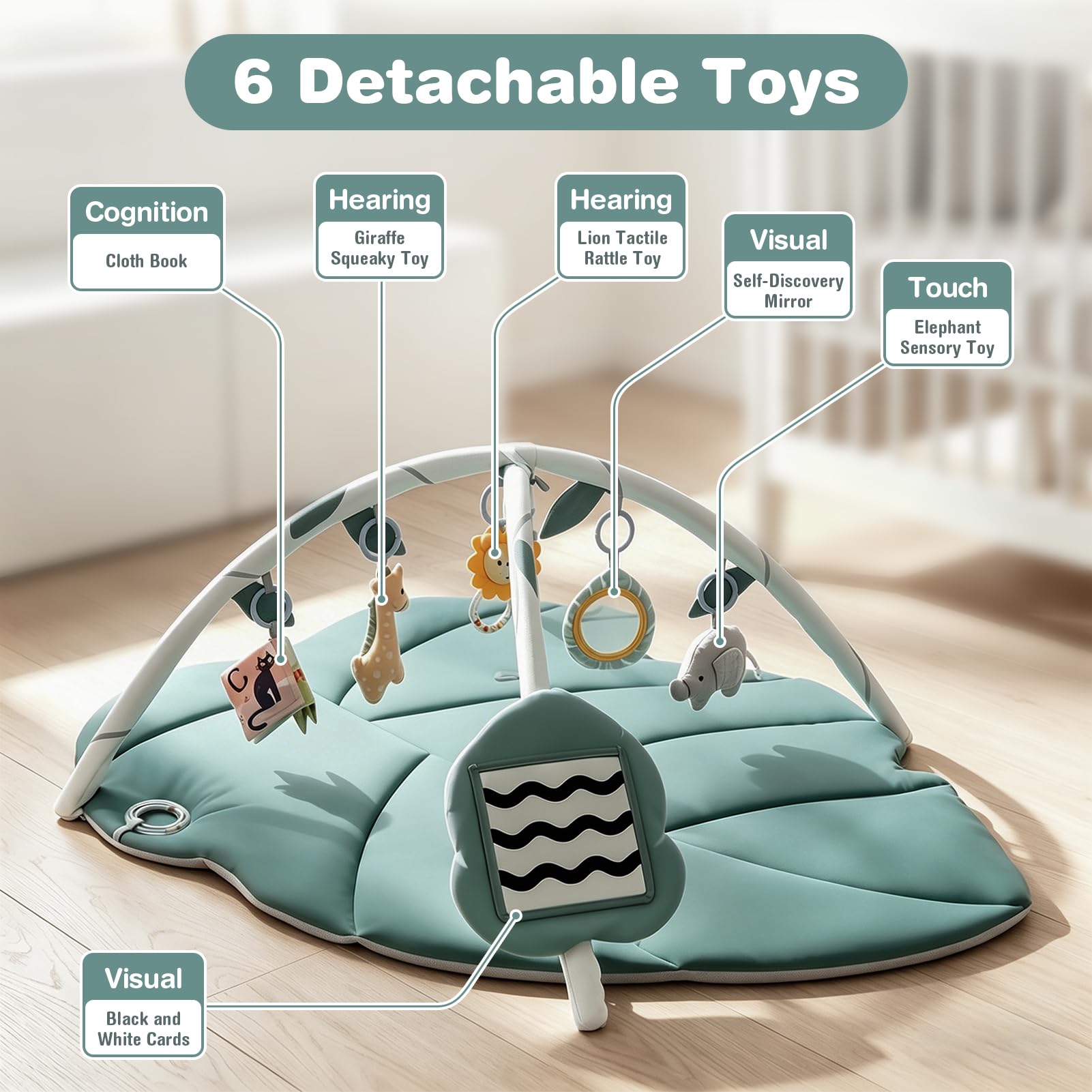 Tapis d'Éveil Bebe, Vanplay Tapis Eveil Bebe avec 6 Jouets D'éveil Amovibles Arche Eveil Bebe, Épaissi Antidérapant Tapis Bebe, Cadeau Nouveau né Garçon Fille