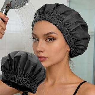 Women Reusable Shower Cap Waterproof Elastic Band Shower Bonnet Large Bath Caps for All Hair Type, Black