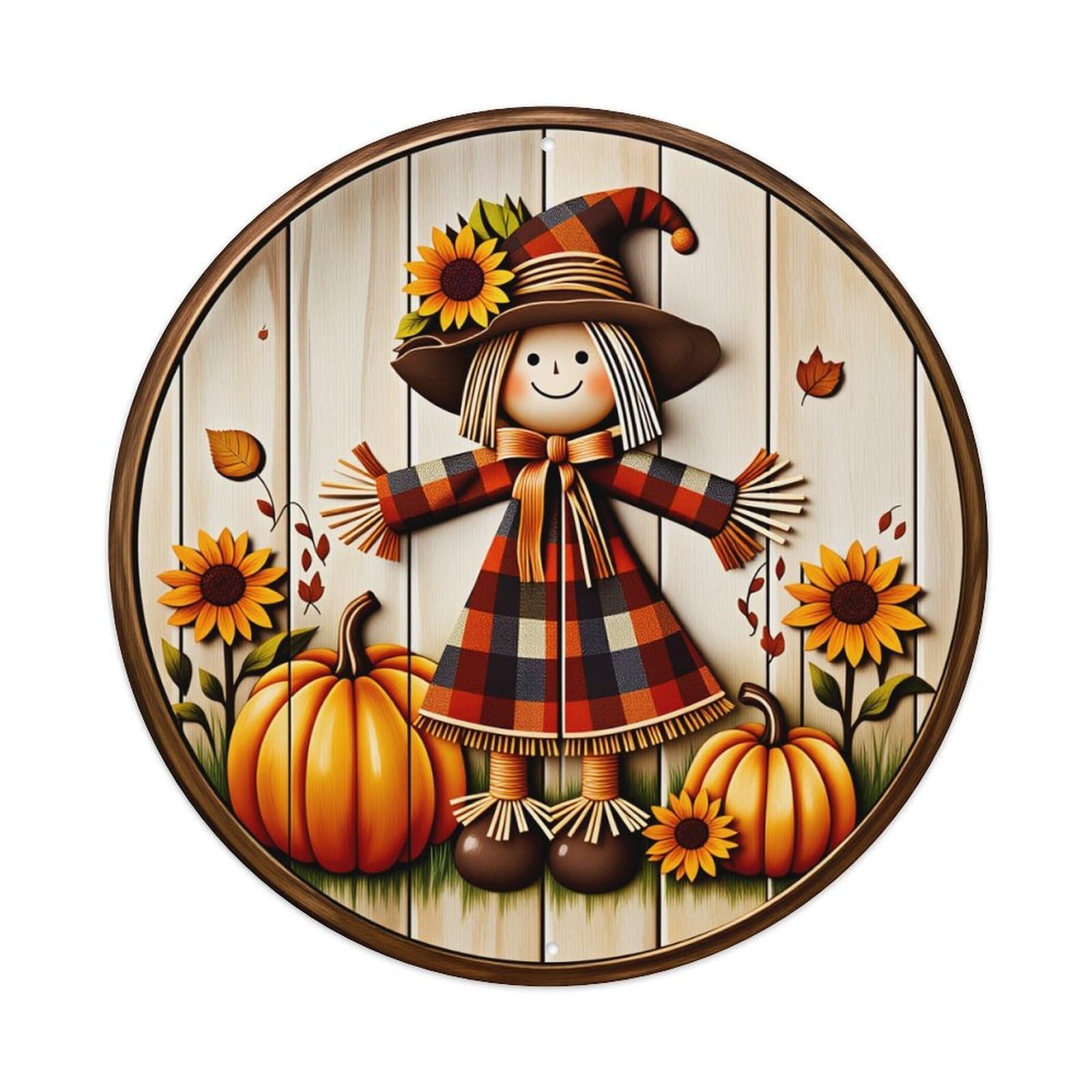 Scarecrow Pumpkin Sunflower Autumn Leaves Tin Sign Vintage Style Home Bar Garden Wall Plaque Decor Metal Poster 8x12 Inch
