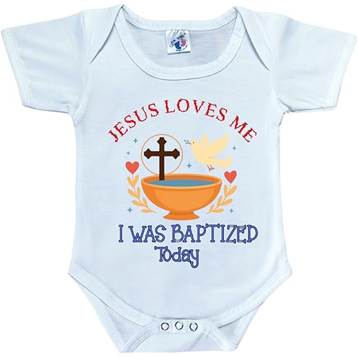 Cute Pals Baby Baptism Day Dress Romper Bodysuit Outfit for Boys and Girls, Cotton Blend Christening Dress for Baby, Jesus Loves Me, Newborn to 12 Months