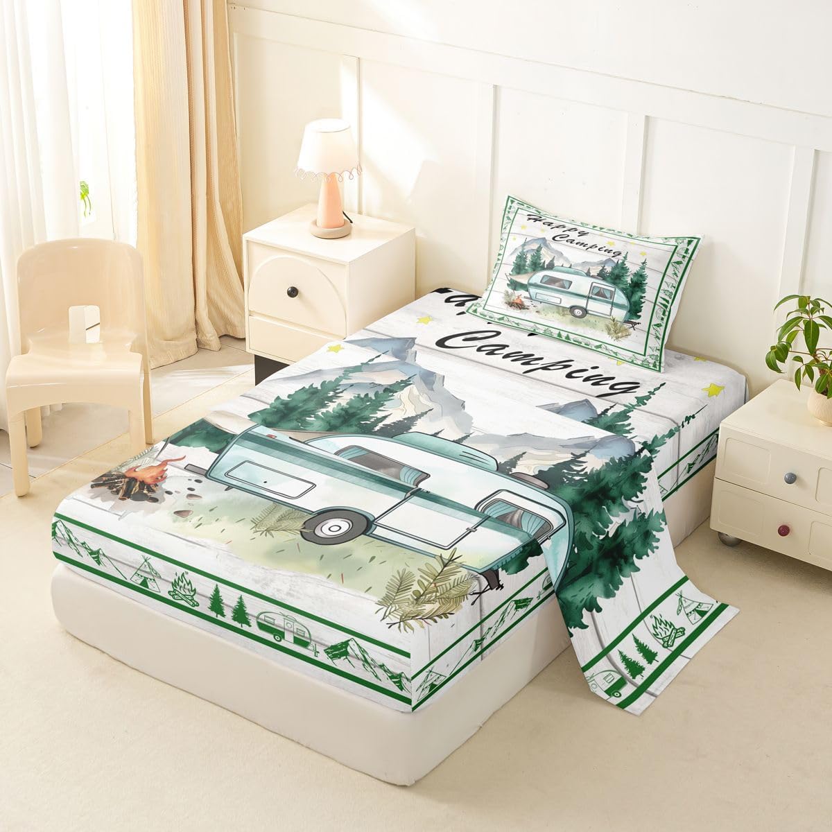 jejeloiu Camping RV Bed Sheets Set Twin Size Happy Camping Bed Set for Kids Boys Girls Rustic Deep Pocket Fitted Sheet Breathable Soft Lightweight Microfiber