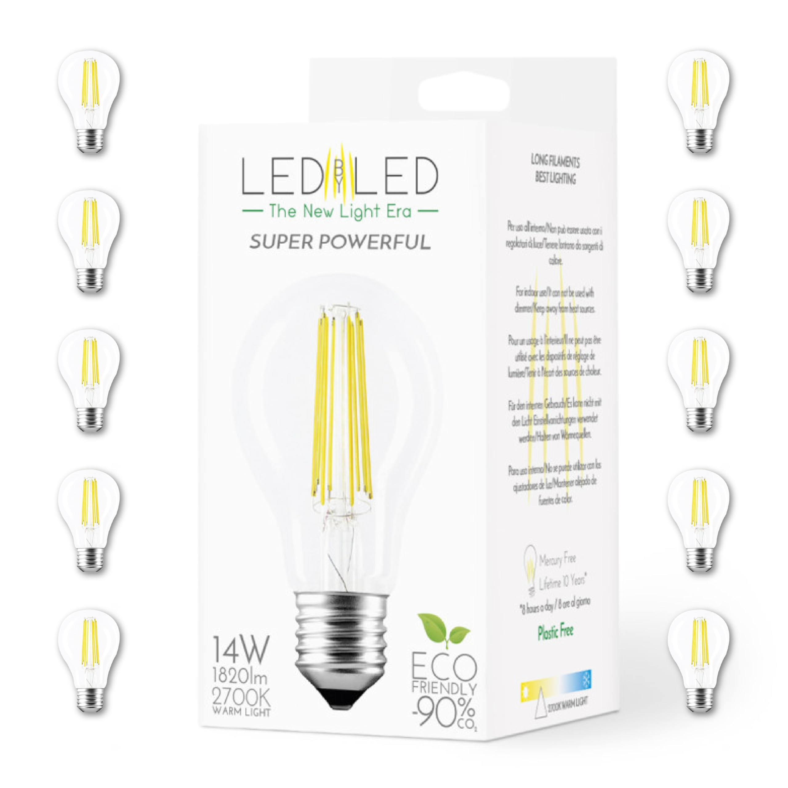 Lampadina Goccia 14W Pari a 140W, E27, Vetro Trasparente, 2700K Luce Naturale, filamento LED dritto, 1820 Lumen, Pack 10 Pezzi