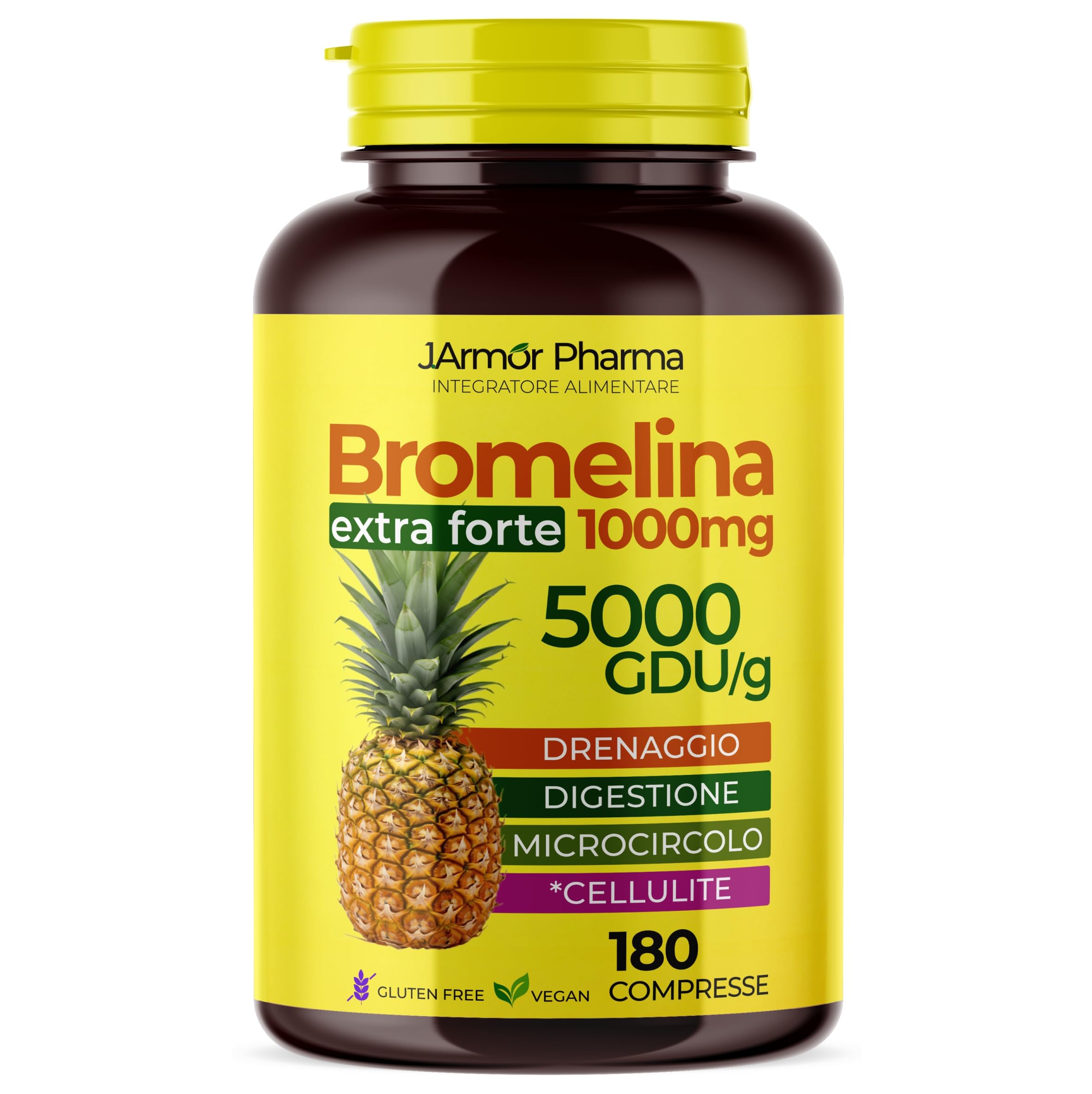 Bromelina Forte Drenante 5000 Gdu 180 Cpr 1000mg Alto Dosaggio Integratore Drenante Forte Gambe Bromelina Strong Favorisce Microcircolo e Digestione Sgonfia Pancia e Addome Donna Vegan, Senza Glutine