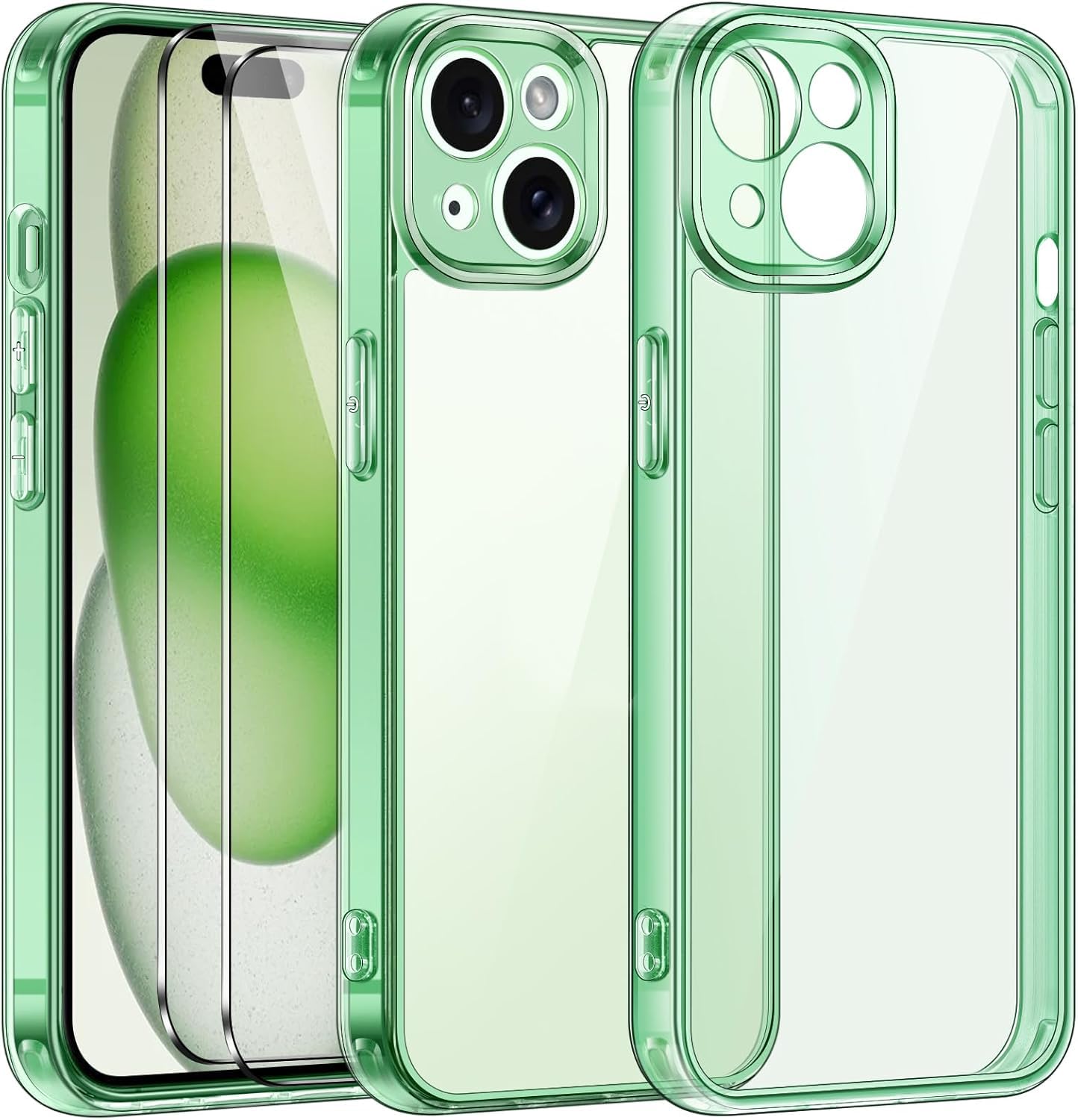 iVoler 3 in 1 Cover Compatibile con iPhone 15 6.1 pollici con 2 Pezzi Pellicola Vetro Temperato, Non Ingiallente,Antiurto di Grado Militare, Protezione Fotocamera,Trasparente Custodia - Menta verde