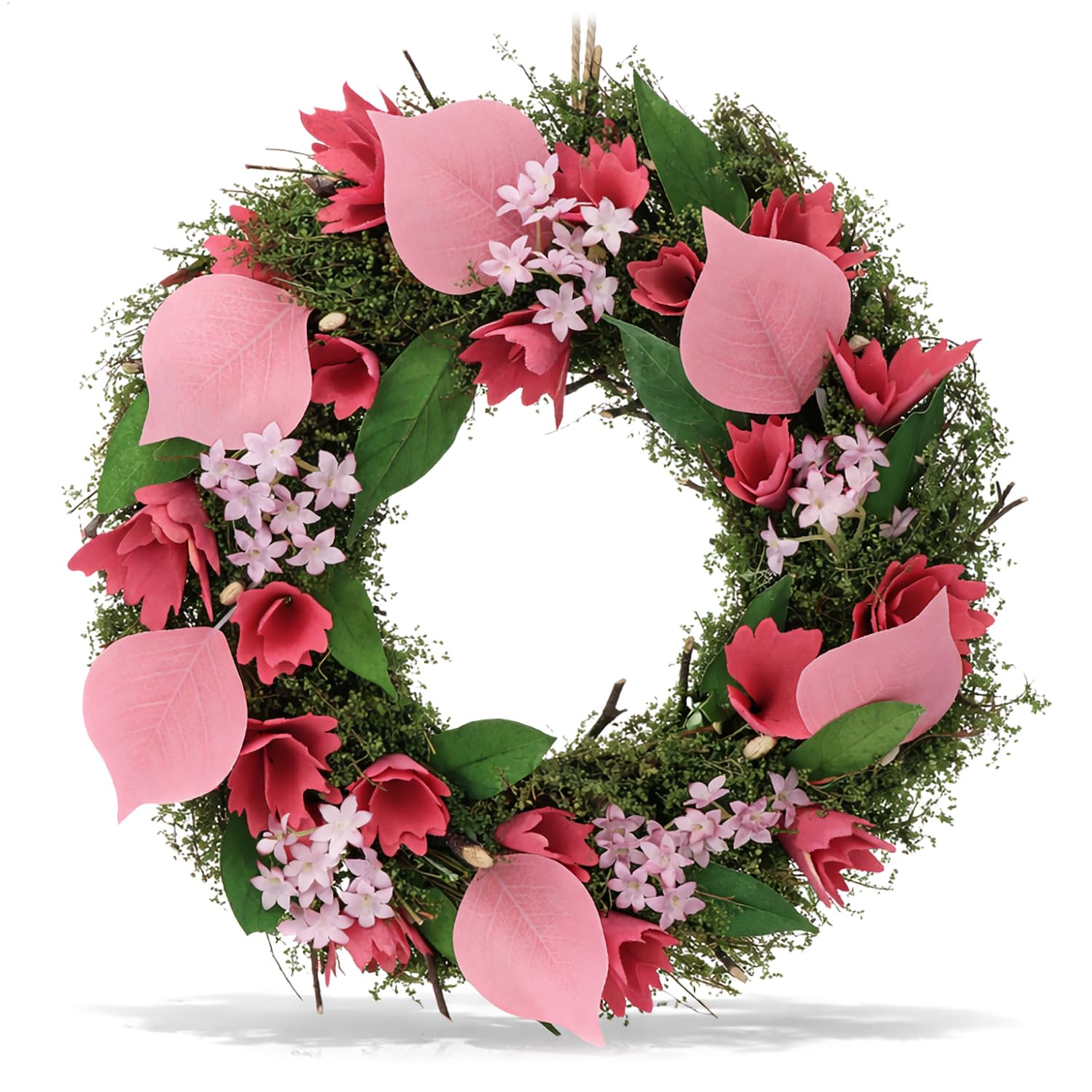 Com-Four Pink. Pink Com-Four® Door Wreath Spring With Wooden Flowers And Leaves - Decorative Table Wreath - Wreath Deco With Hanger - Diameter Approx. 30 Cm