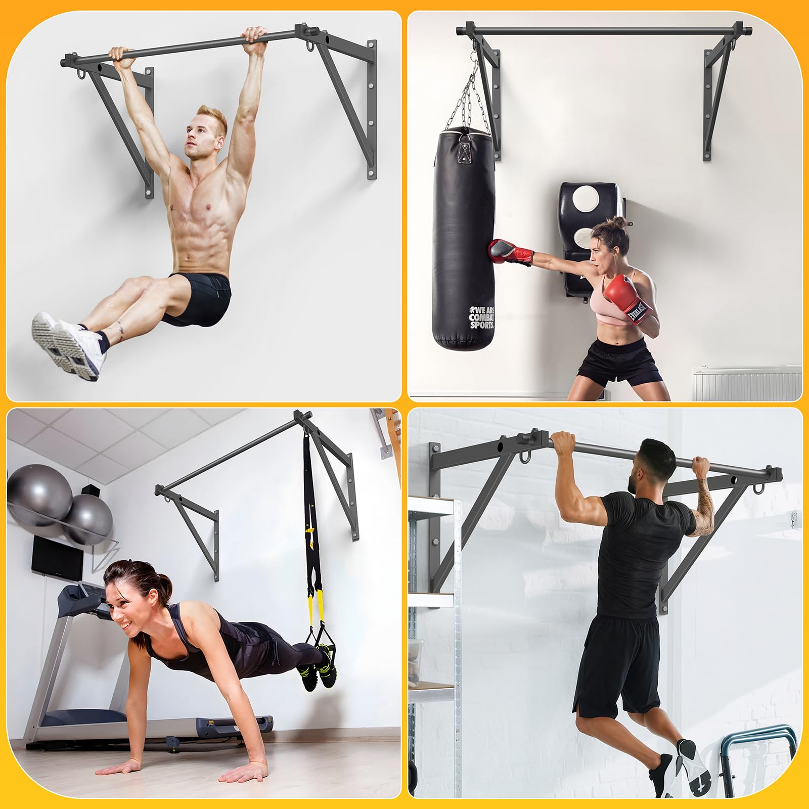 Jusgym Klimmzugstange Wandmontage 130 cm, Pull Up Bar 250 kg Tragfähigkeit, Klimmzugstangen für Krafttraining zuhause, Garage – einfache Montage, schwere Ausführung, Trainingsstation