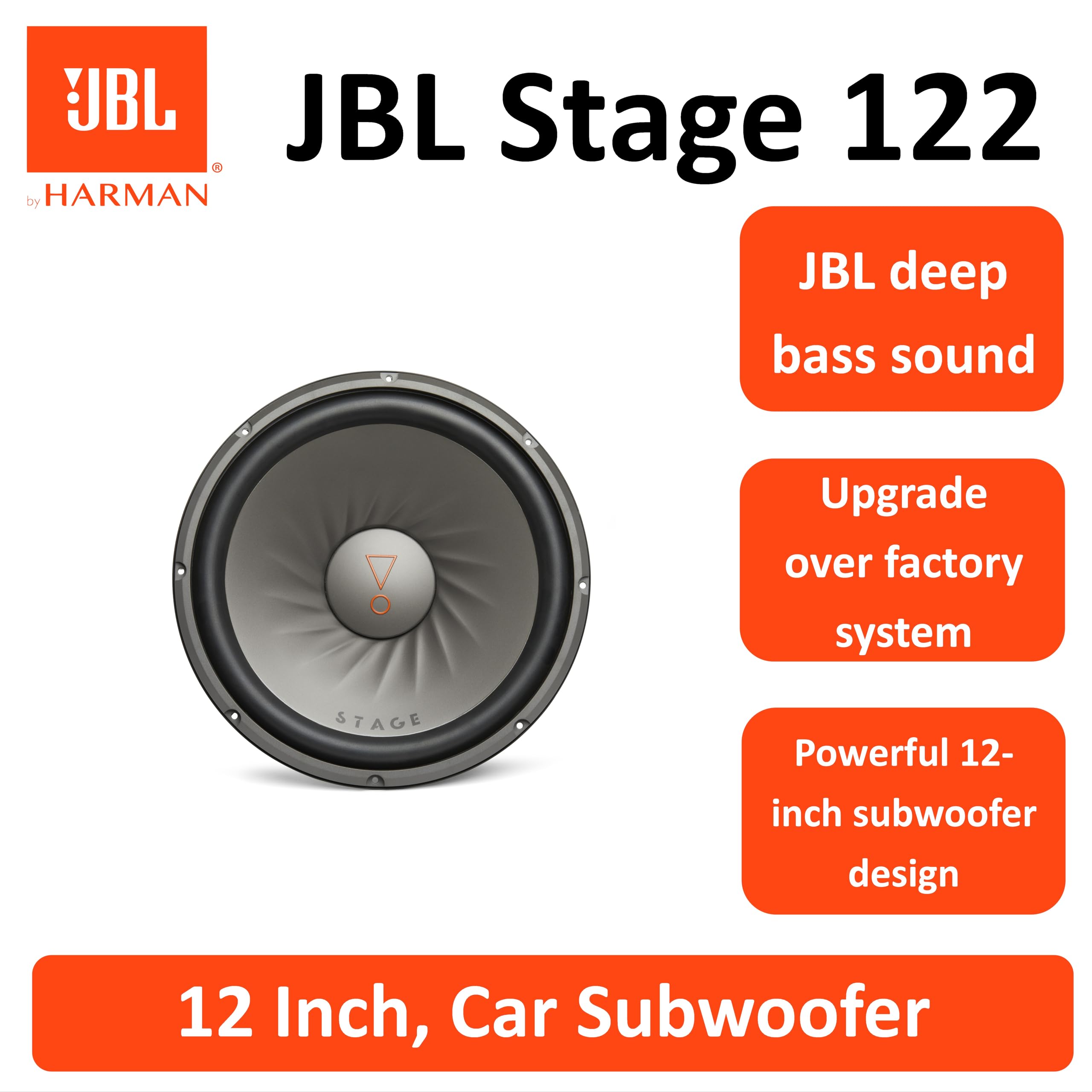 JBL Stage 122D subwoofer passivo 12 pollici (30 cm), doppia bobina 2 ohm, 250 W RMS / 1000 W picco, cono in polipropilene, cablaggio flessibile, bassi profondi, design compatto e resistente