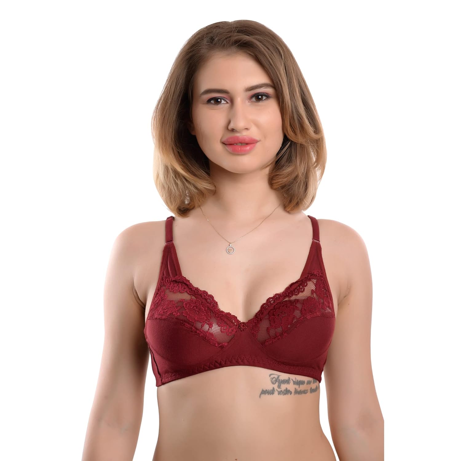Navya Traders Half Lace Design Full Coverage Non-Padded Bra for Women, Adjustable Straps,with Seamed Cup Soft Cotton Blend Fabric, Everyday Comfort