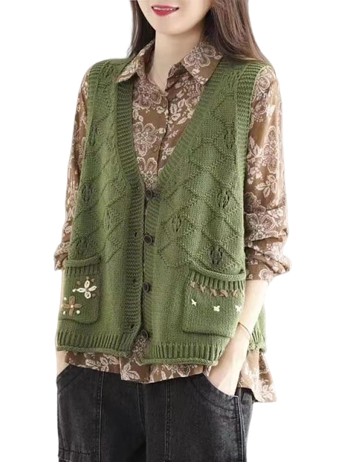 utcoco Womens Cable Knit Sleeveless Cardigan Embroidery Button Down Sweater Vest with Pockets 2025 Fashion Fall Outfits