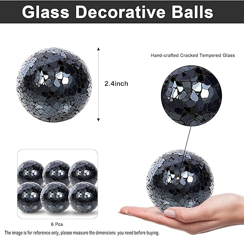Miniatura 8 de Juego de 6 bolas decorativas, bolas de vidrio de mosaico de 2.4 pulgadas, decoración de bolas de vidrio sólido para decorar cuencos, jarrones,
