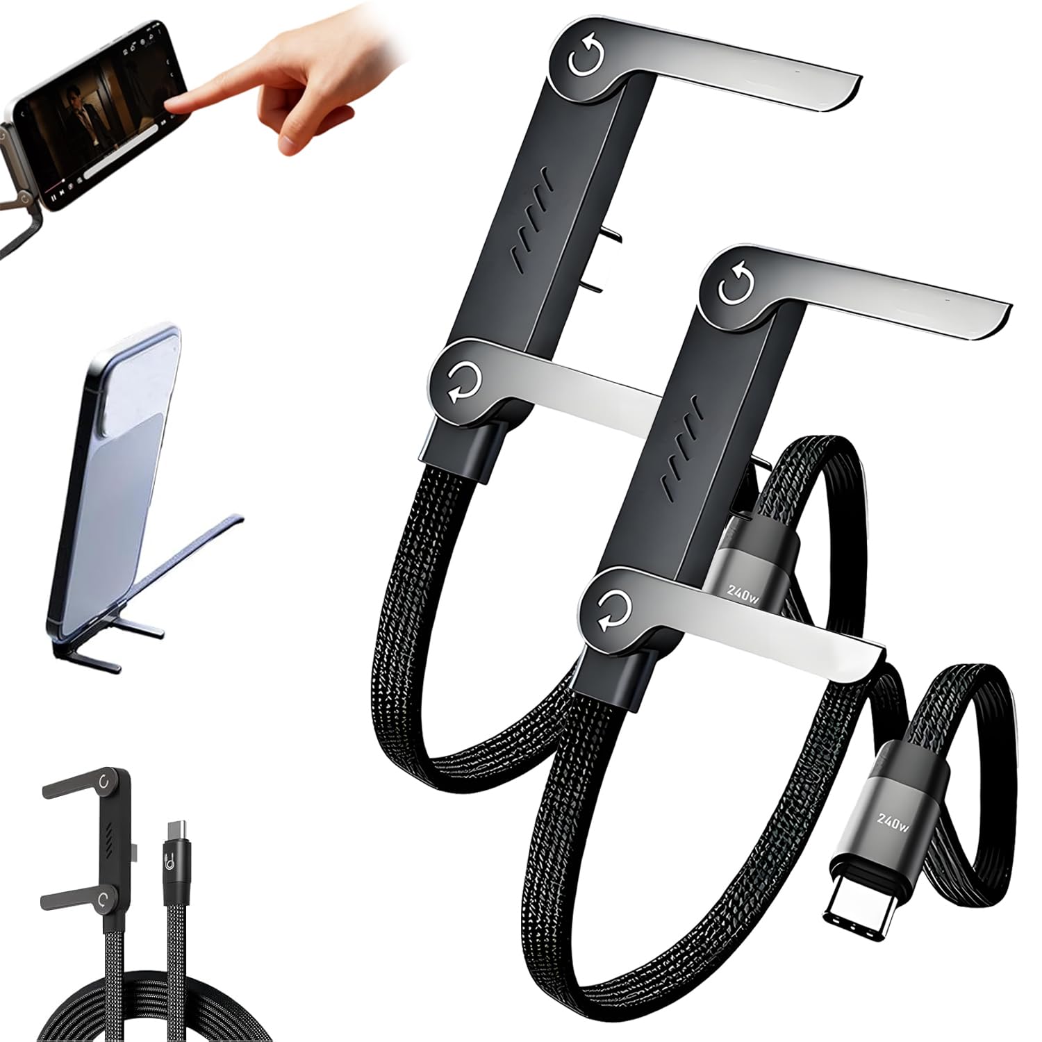 PUSKIU Cavo di ricarica USB-C da 240 W con supporto per telefono integrato, cavo di ricarica rapida intrecciato, cavo dati invisibile 2 in 1, design spesso con impugnatura in silicone (2 pezzi)