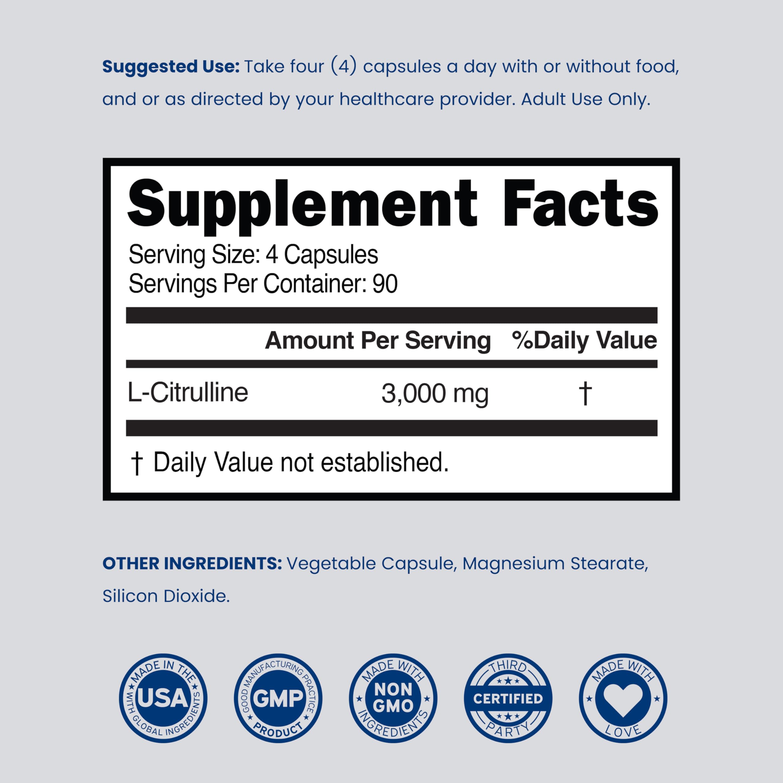 L Citrulline 3000mg Supplement (360 Capsules) Support L Arginine & Nitric Oxide Pills - L-Citrulline For Men & Women - Muscle Recovery & Pump Supplement - 3rd Party Tested, Vegan, Non-GMO - USA Made — Amazon image 6