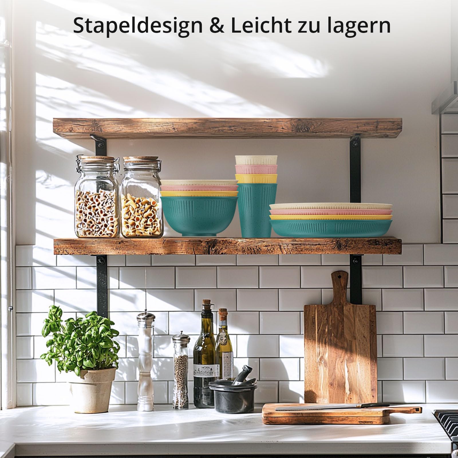 Anbte 12 Teiliges Geschirrsets Unzerbrechlich aus Kunststoff für 4 Personen Camping Geschirr Set 4-Farben Leichtes Küchengeschirr Set ideal für Picknick Camping Garten Wiederverwendbar (Bunt Gelb)