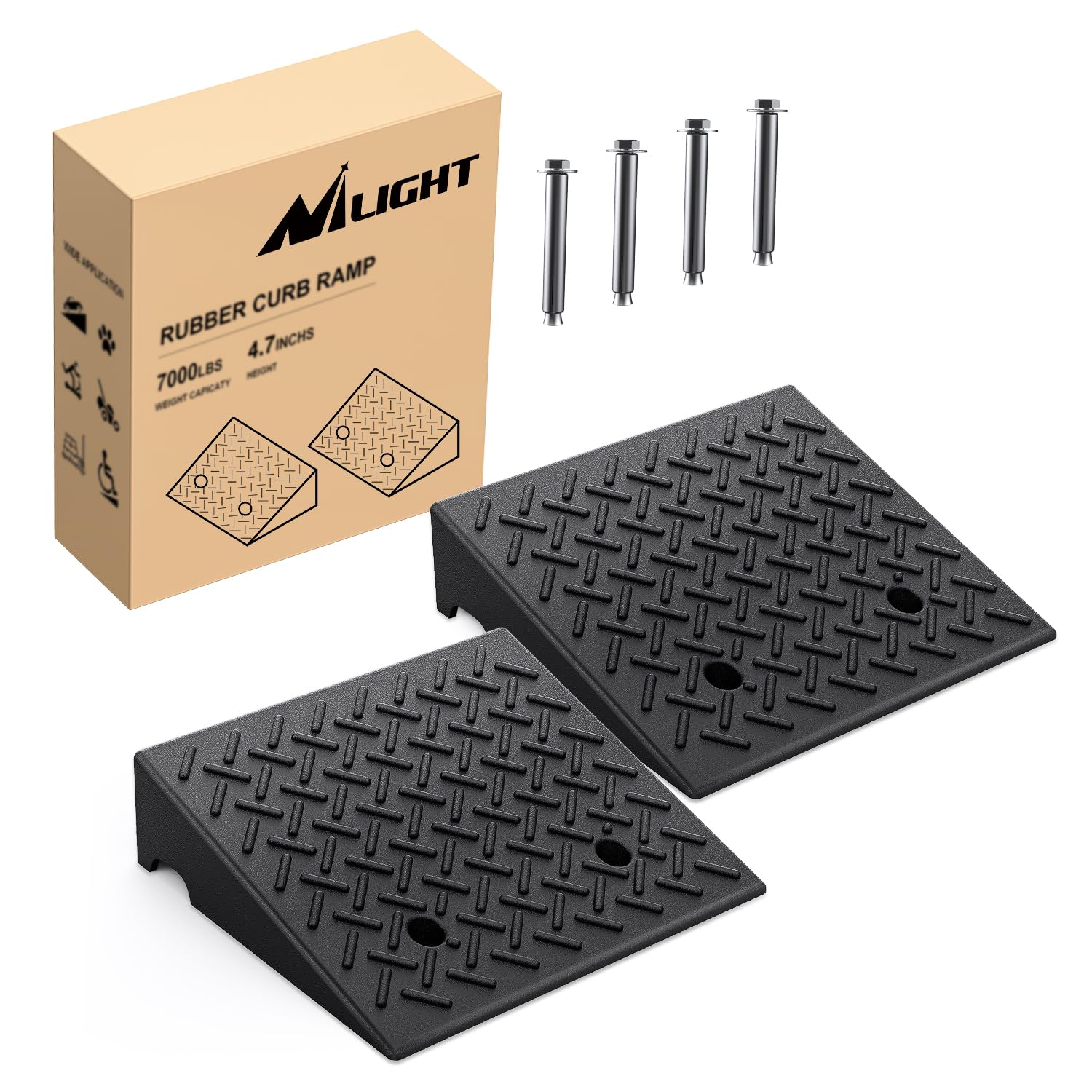 Nilight Rubber Curb Ramps, 4.7" Rise Height Heavy Duty Rubber Threshold Ramp, Portable Driveway Ramps for Cars Wheelchairs Scooter Lawn Mower, 7000lbs Load Capacity, 2 Pack