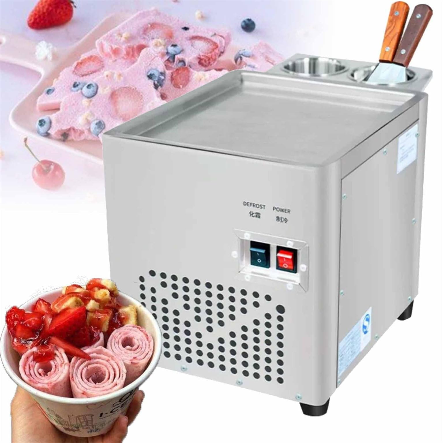 Máquina eléctrica para Hacer Helados enrollados con Molde de Acero Inoxidable y 2 recipientes de Almacenamiento para postres caseros, Yogur Helado y Gelato.