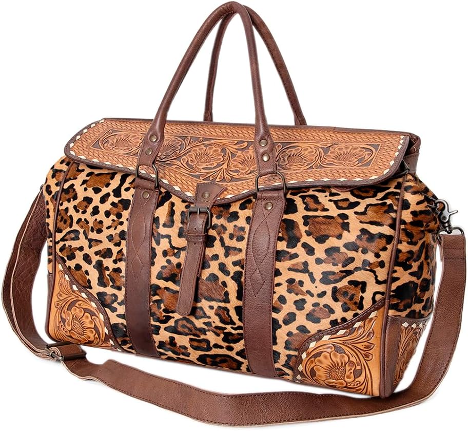 American Darling Duffel Bag Hand Tooled Floral Carved Hair-On Cowhide Genuine Vegetable Tanned Leather Travel Bag YKK Zipper