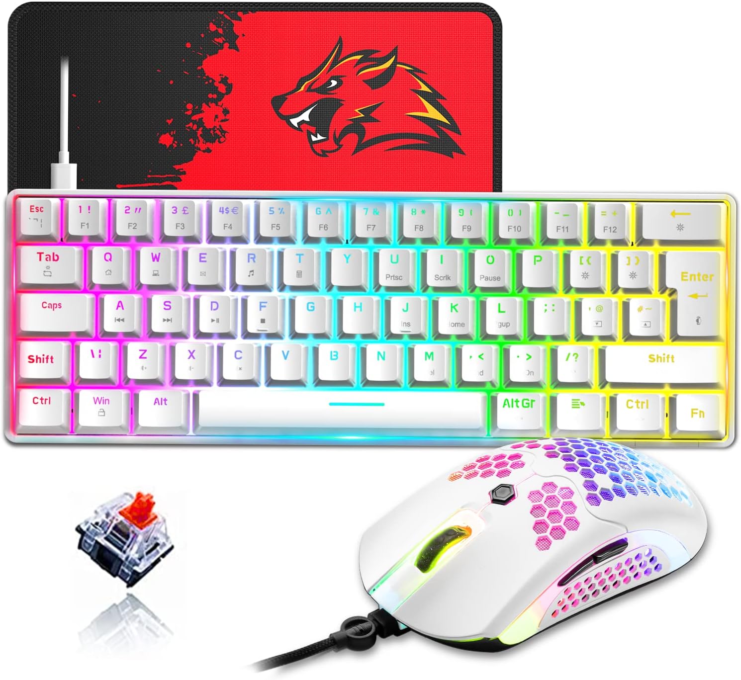 ZIYOU LANG T60 60 White Mechanical Gaming Keyboard and Mouse [UK