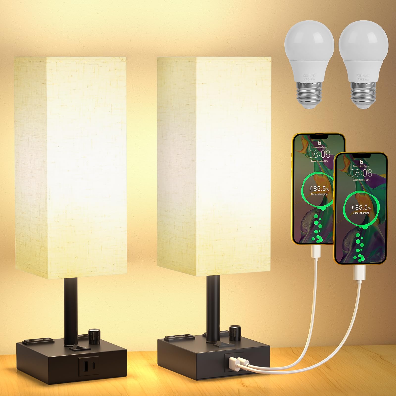 Lureshine Lámpara de mesilla de noche de brillo regulable, Lámpara de mesa regulable con pantalla de lino, Lámpara de mesilla de noche multifuncional, Lámpara de lectura, Blanco cálido, 2 piezas