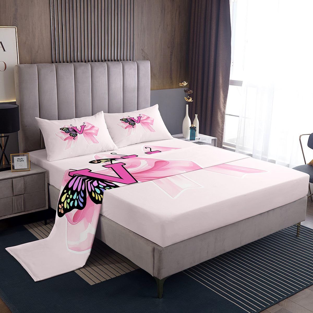 Erosebridal Letter V Bed Sheets Set Twin Bowknot Sheet Set Princess Pink Ribbon Bow Butterfly Wings Sheets Bowtie Kawaii Girly Coquette Flat Fitted Sheet