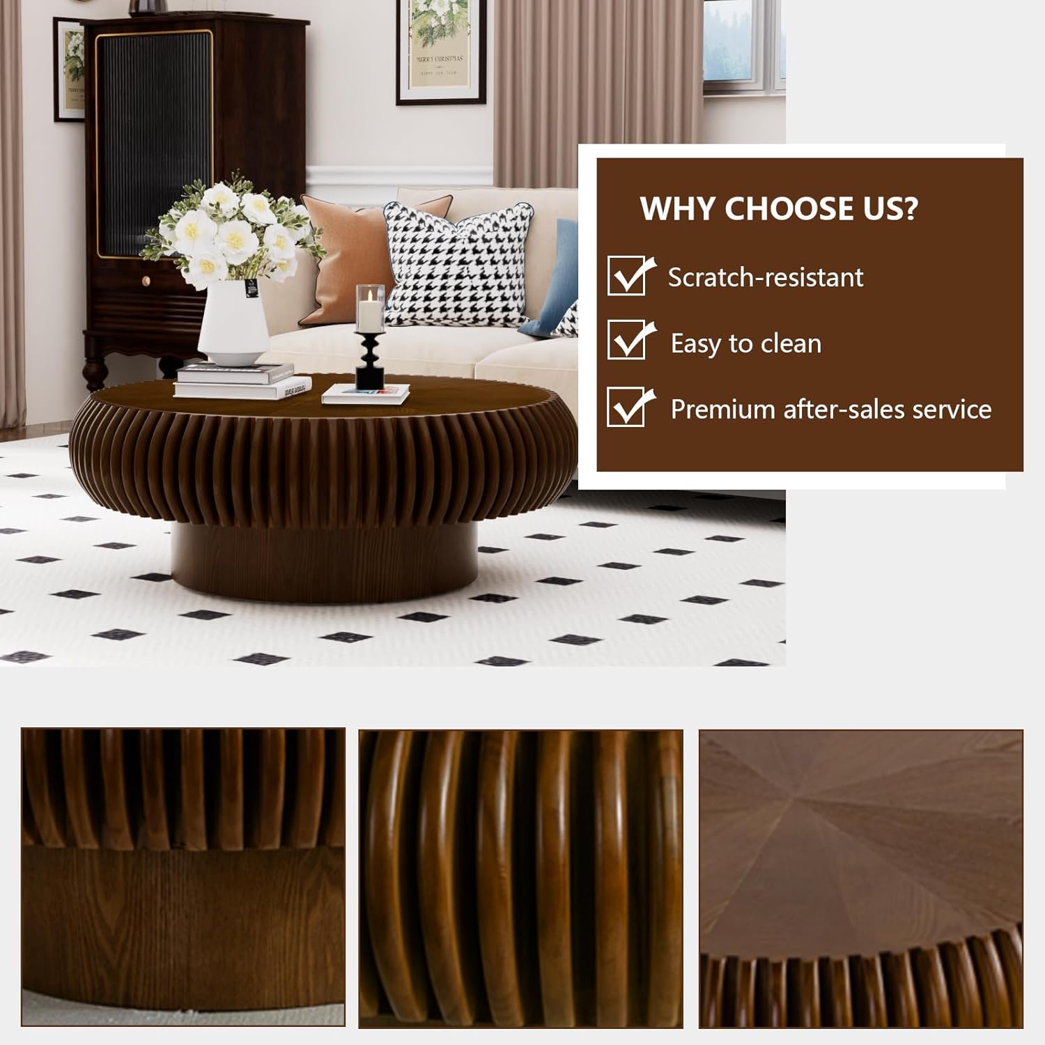 Round Drum Coffee Table Modern Unique Circle Drum Coffee Tables Mid Century Coffee Table with Sturdy Pedestal Fluted Tea Table for Living Room Office Small Space (31.5in Walnut)