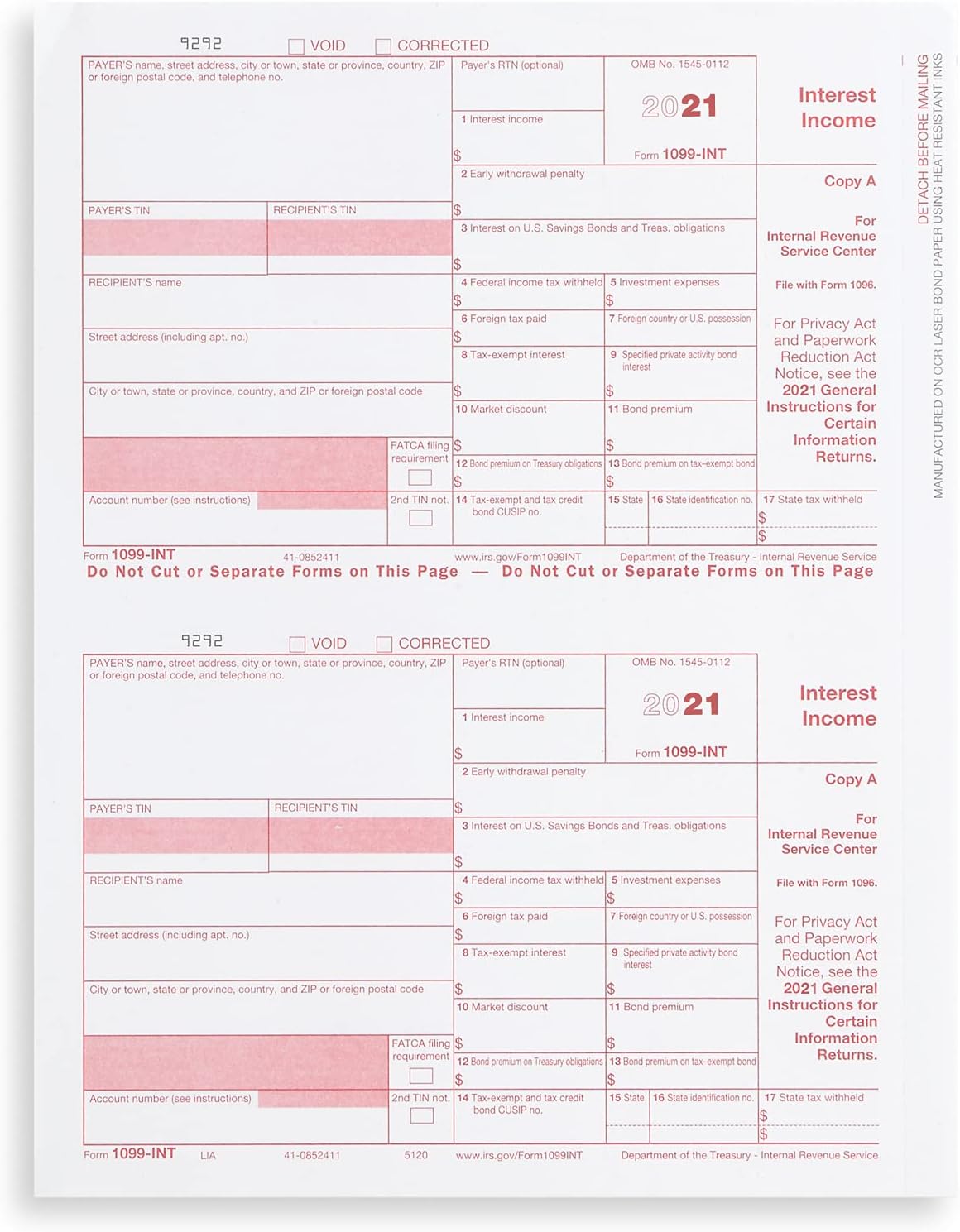 2021 1099 INT 4 Part Interest Tax Forms Kit, 25 Laser Form Bundle of 1099 Interest Forms (2021), Compatible with QuickBooks and Accounting Software, 25 Self Seal Envelopes Included : Office Products