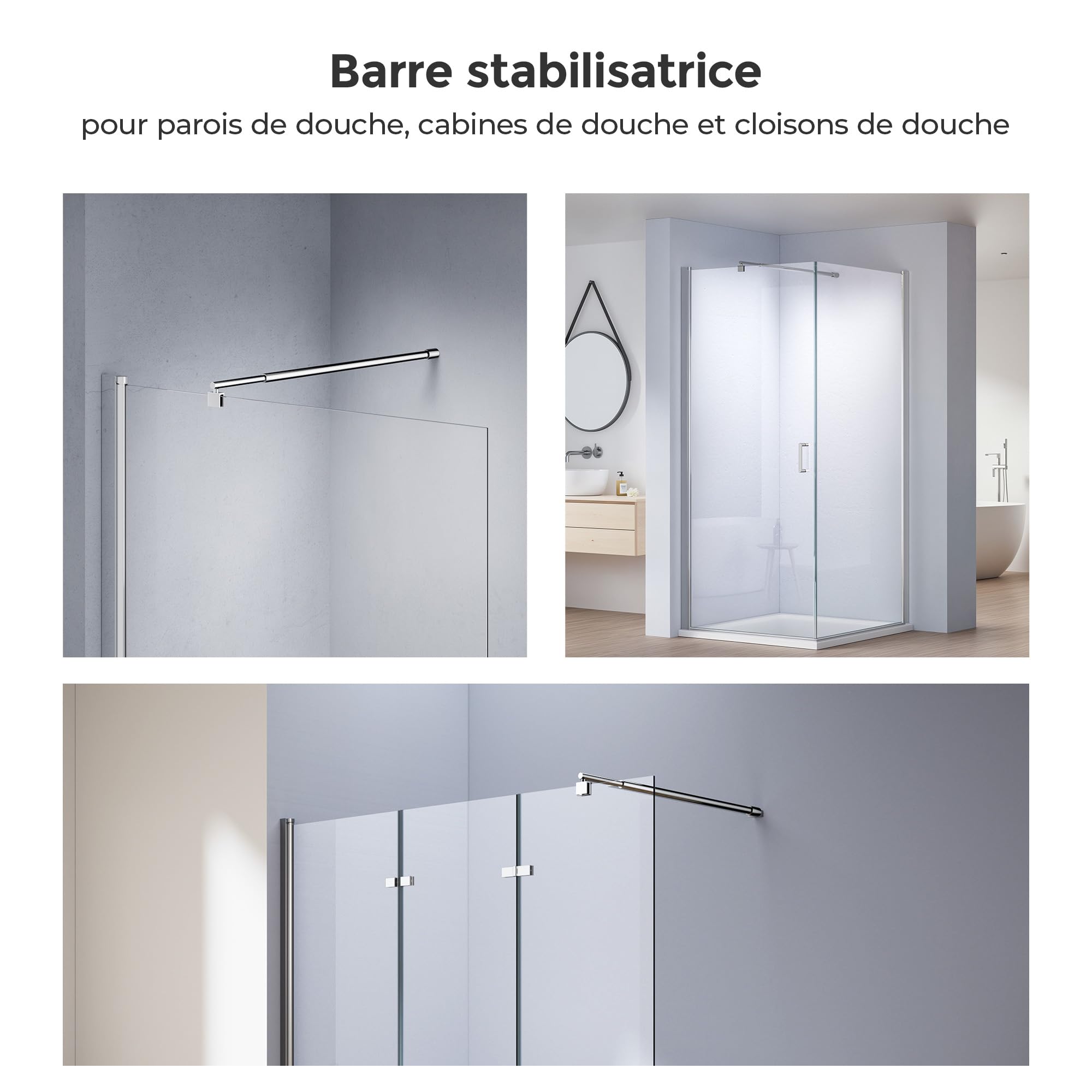 Heilmetz Barre de support de douche,rétractable 70-123 cm, barre de stabilisation ronde pour douches，pour verre de 8-10 mm d'épaisseur, acier inoxydable chromé(1 pièce)