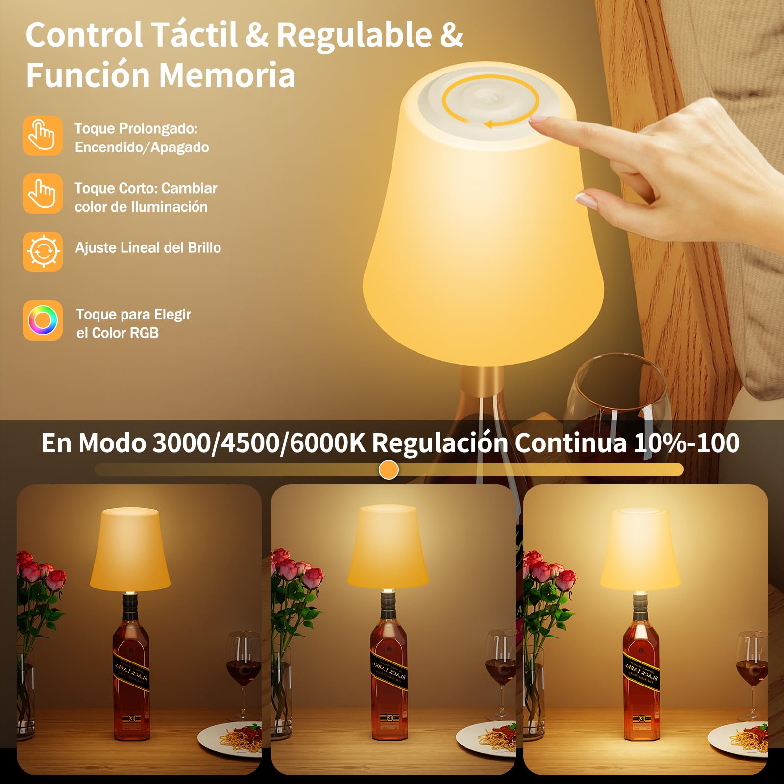 Lámpara de Mesa Inalámbrica, Lámpara de Botella Recargable, Lámpara de Noche Brillo Ajustable 3 Temperaturas Color+RGB, Botón Táctil IP54 Impermeable para Restaurante,Cafetería(Sin incluir Botellas)