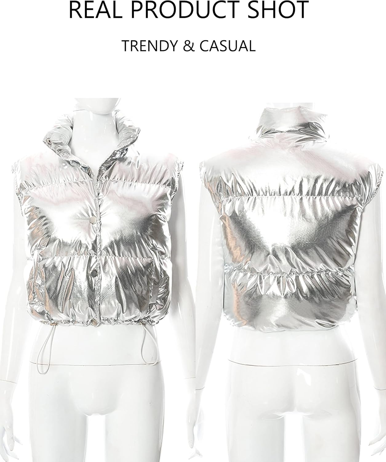 Flygo Women's Winter Crop Vest Metallic Quilted Down Vest Sleeveless Puffer Jacket