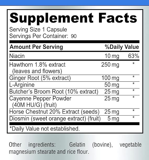 YUMMYVITE Blood Circulation Supplement - with Hawthorn, Butchers Broom, Horse Chestnut, Arginine, Diosmin, Varicose Veins Treatment, Circulation Support - 90 Capsules