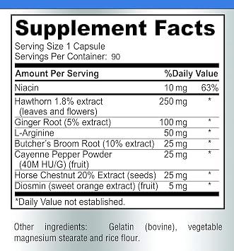 YUMMYVITE Blood Circulation Supplement - with Hawthorn, Butchers Broom, Horse Chestnut, Arginine, Diosmin, Varicose Veins Treatment, Circulation Support - 90 Capsules