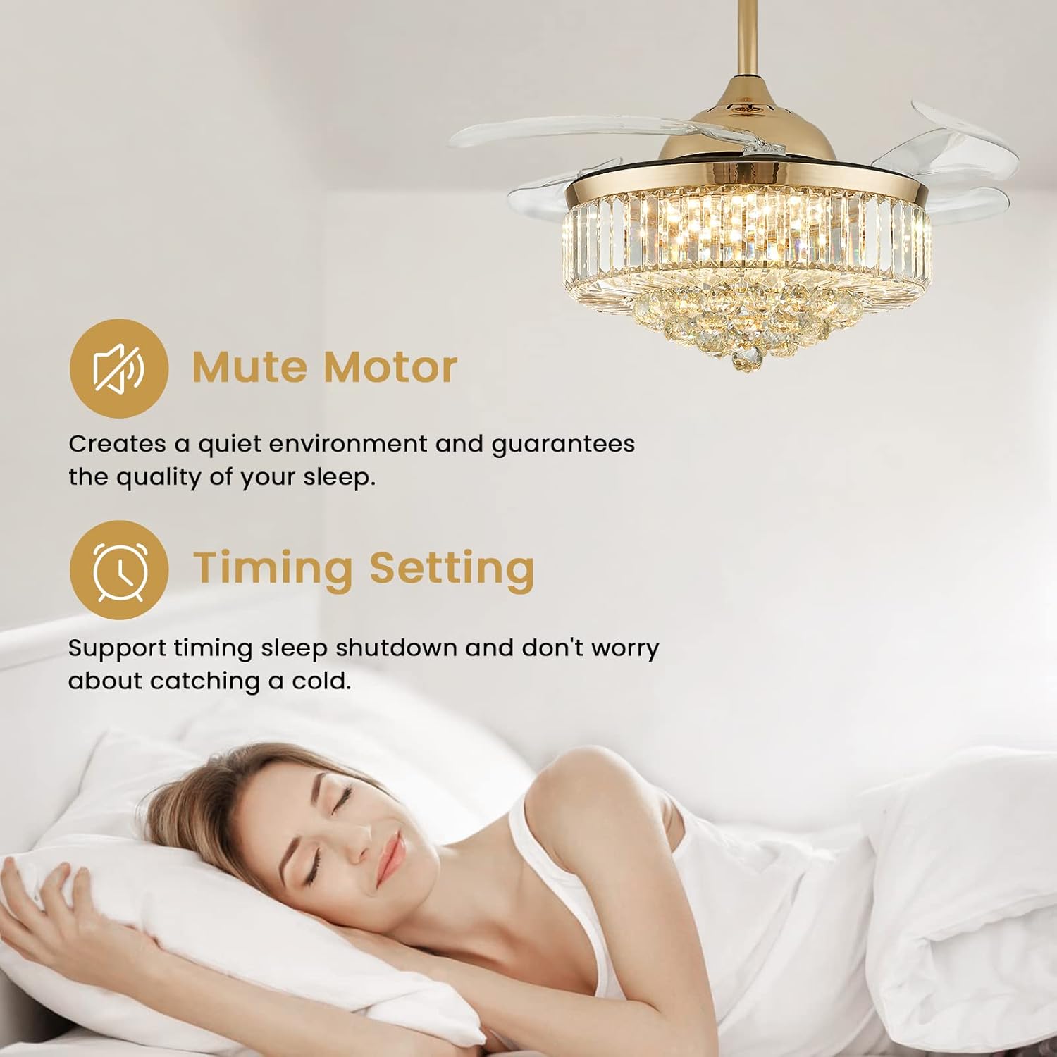 Image highlighting the mute motor for quiet operation and timing setting feature for the CROSSIO ceiling fan