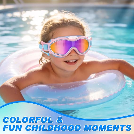2 Pack Kids Swim Goggles Cute Cartoon Kids Swimming Goggles Girls Ages 3-16 | Anti-Fog UV Protection Swim Glasses with Wide Silicone Strap, Built-in Earplugs Leak-Proof