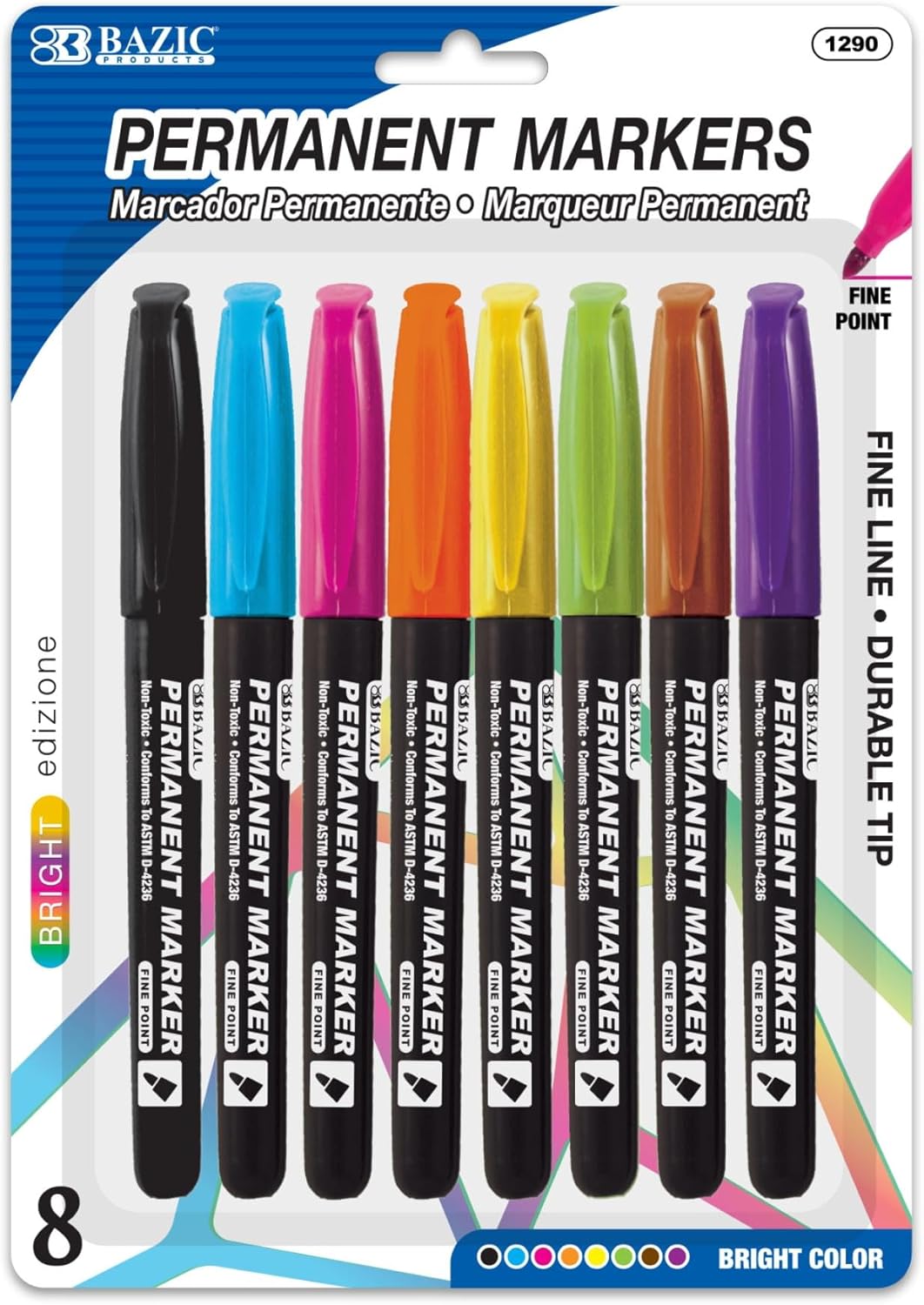 BAZIC Products Permanent Marker Fine Tip Assorted Color Markers, Coloring Doodling on Plastic Wood Metal Glass Stone, for School Office Art (8/Pack), 24-Packs
